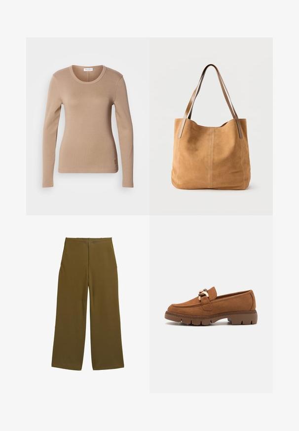 Langwerpige top in lichtbeige, met een ronde halslijn en een slim fit. Gemaakt van zachte, rekbare stof met een subtiele textuur. Klein logo-detail op de zoom.; Brede broek in olijfgroene stof, met een zachte textuur en zonder zichtbare sluitingen. Ontworpen voor een relaxte fit met strakke lijnen.; Bruine suède instappers met een decoratieve goudkleurige kettingaccent, voorzien van een gestructureerde rubbere zool en een afgeronde neuzen design.; Beige suède totebag met lange lichtbruine leren hengsels, zachte textuur en eenvoudige stiksels op een effen witte achtergrond.