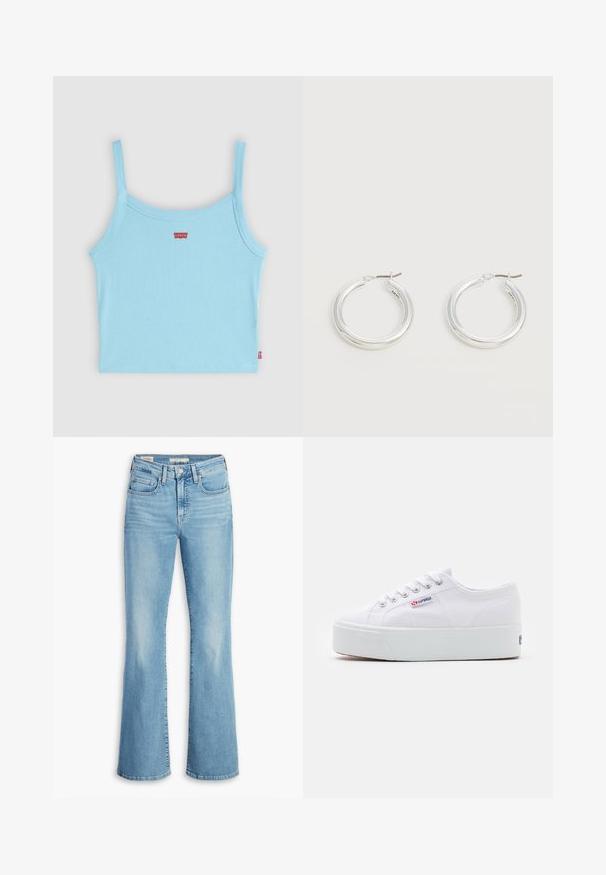Lyseblå ribstrikket cropped tanktop med tynde stropper og små røde Levi's logoer på brystet og sidesømmen.; Lyseblå flared jeans i denim med høj talje, fem lommer, diskret falming og en klassisk syet kant. Glat tekstur, afslappet design.; Hvide canvas sneakers med en tyk hvid platformssål, rund tå og metaløjelets til snørebånd. Mærkets logo præsenteret på siden.; Par mellemstore skinnende sølv hoops øreringe med tynde metal spænder på en lys neutral baggrund.