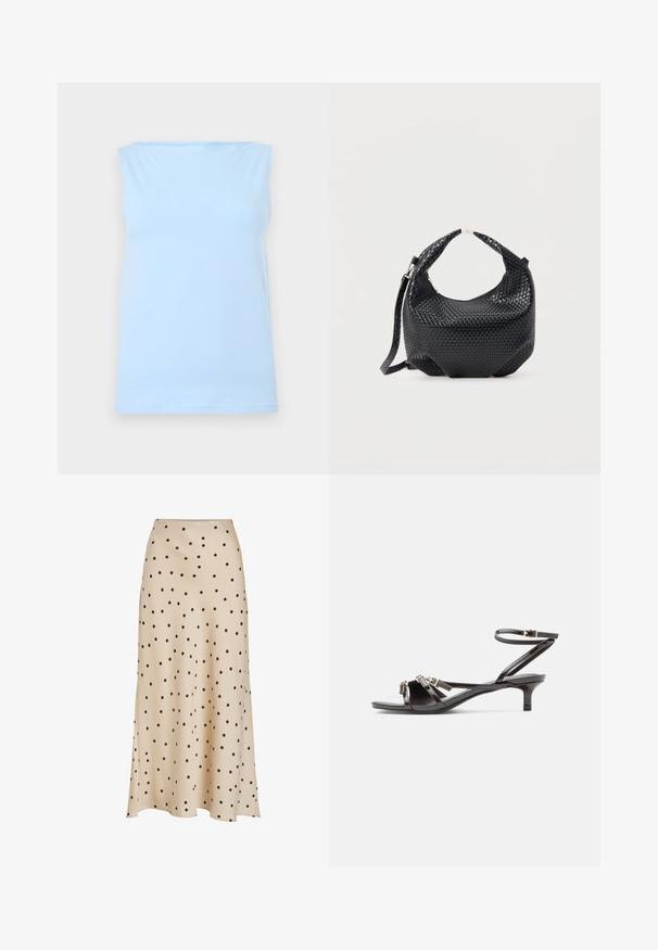 Débardeur bleu clair sans manches avec un décolleté droit, présenté à plat sur un fond neutre.; Jupe midi beige en tissu lisse, ornée d'un motif à pois noirs sur l'ensemble, avec une silhouette légèrement évasée et un détail d'un fente.; Sandale en cuir verni noir avec fines lanières, petit talon kitten, et fermeture à boucle ajustable à la cheville.; Sac à main en cuir tressé noir avec poignée courte et bandoulière amovible, présenté sur un fond clair uni.