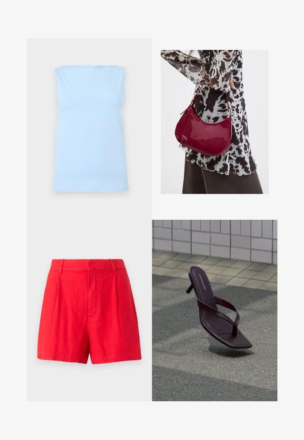 Lyseblå ærmeløs tanktop med lige halsudskæring, vist fladt mod en neutral baggrund.; Røde linned shorts med et skræddersyet design, der har foldedetaljer, en glat tekstur og en mellemhøj talje.; Mørkebrune sandaler med hæl, firkantet tå og tynde stropper svævende over tekstureret fortov nær flisevæg.; Kvinde iført en sort- og hvidmønstret bluse, der holder en blank rød skuldertaske mod en ensfarvet baggrund.