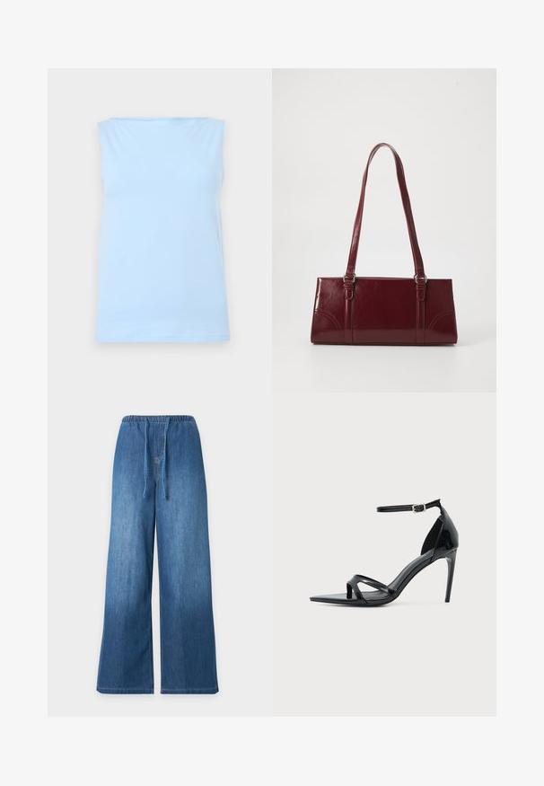 Débardeur bleu clair sans manches avec un décolleté droit, présenté à plat sur un fond neutre.; Pantalon en denim bleu à jambes larges avec taille élastique et fermeture avant par cordon sur fond clair uni.; Sandale à talon haut en cuir verni noir avec fine bride à la cheville, bout ouvert et design minimaliste sur fond clair uni.; Sac à main bordeaux en matériau brillant, de forme rectangulaire, avec deux anses et des accents légèrement courbés à l'avant.