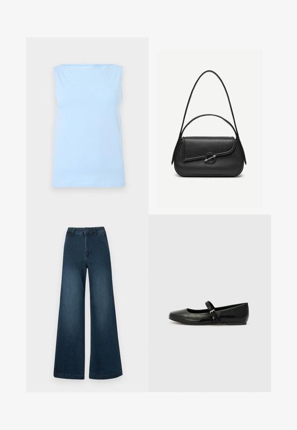 Hellblaues ärmelloses Tanktop mit geradem Ausschnitt, flach auf neutralem Hintergrund präsentiert.; Dunkelblaue High-Waist-Jeans mit weitem Bein, Taschen vorne und Gürtelschlaufen auf weißem Hintergrund.; Schwarze Leder-Ballerinas mit einer runden Spitze, einer flachen Sohle und einem dünnen, verstellbaren Riemen über dem Spann mit einer Metallschnalle.; Schwarze Lederhandtasche mit abgerundeten Kanten, asymmetrischem Überschlag, metallfarbenem runden Verschluss und kurzen sowie langen Schulterriemen.