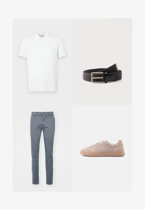 Polo shirt blanc en coton doux, avec des manches courtes, un col classique, une patte de boutonnage à deux boutons et un logo discret sur la poitrine.; Pantalons gris ajustés en tissu tissé, présentant un devant plat, une taille standard avec passants de ceinture et des jambes droites slim-fit.; Baskets basses en daim beige avec fermeture à lacets et semelle en gomme, profil gauche visible sur un fond clair.; Ceinture en tissu noir tissé avec boucle rectangulaire argentée et passant en cuir, étiquette de marque Calvin Klein visible à l'extrémité.