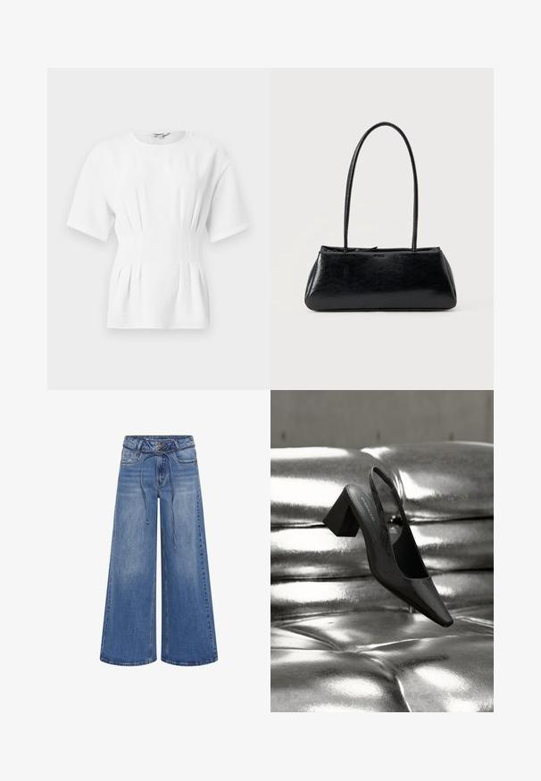 Weißes, kurzärmeliges, figurnahes Oberteil mit gerafften Seitenfalten und rundem Halsausschnitt.; My Essential Wardrobe MWKARO 144 MID XWIDE - Wide Leg - medium blue wash; Schwarzer Slingback-Absatz mit spitz zulaufender Spitze, der eine strukturierte Oberfläche und einen massiven Blockabsatz aufweist. Auf einem glänzenden, metallischen Hintergrund platziert.; Schwarze rechteckige Schultertasche mit langen dünnen Trägern und einer glatten, glänzenden Textur auf einfarbigem Hintergrund.