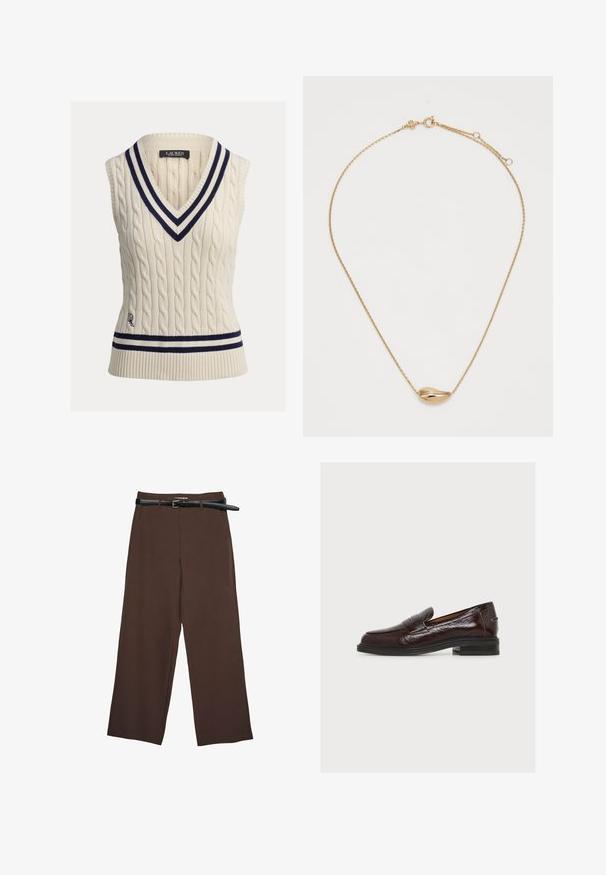 Pull sans manches en maille torsadée couleur crème avec un décolleté en V profond. Orné d'un bord rayé bleu marine et blanc au niveau du col et de l'ourlet, avec un détail logo.; Pantalons larges marron avec une texture lisse, dotés d'une ceinture noire et d'une taille ajustée, offrant une coupe structurée.; Mocassin en cuir brun foncé brillant avec un petit talon noir et un détail de bride décoratif, présenté de côté extérieur sur fond blanc.; Collier en pendentif en or avec un design incurvé en forme de coquillage, attaché à une chaîne fine et délicate. Dispose d'un fermoir à homard pour la fermeture.