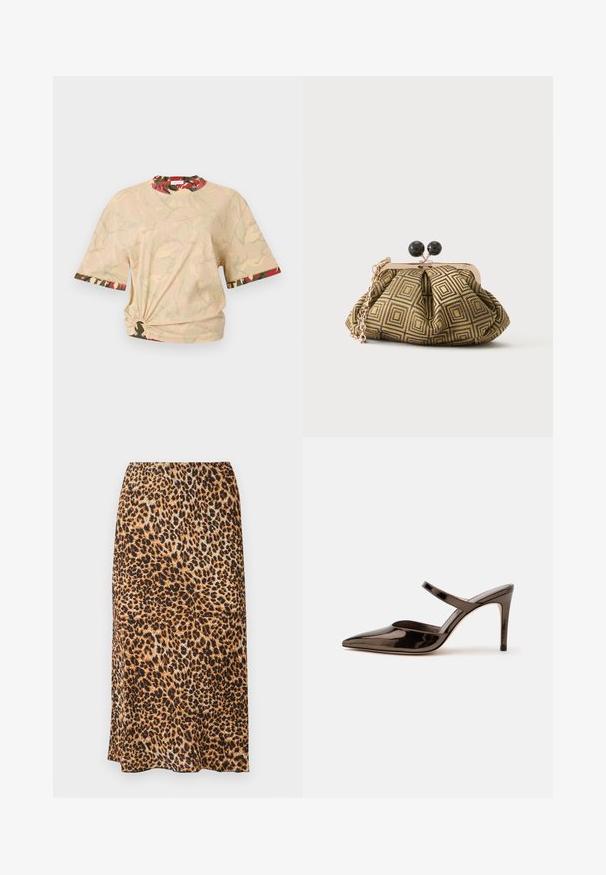 Rabanne T-shirts print - beige/kaki/brique/noir; Leopardprint midi-nederdel i nuancer af brun og sort, med en glat tekstur og en slank, skræddersyet silhuet.; Skinnende mørkebrune mule med spids tå og høje hæle med en tynd rem over foden på en ensfarvet hvid baggrund.; Lille clutch taske med gyldent og sort geometrisk mønster, guldfarvet metalramme, sort kuglelås og en kort guldkæde som rem.