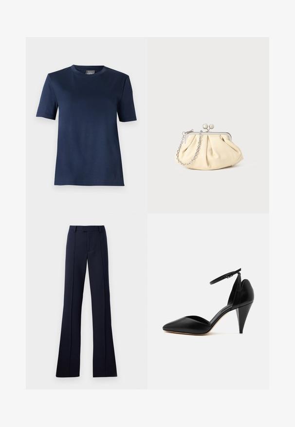 Marineblauw T-shirt met korte mouwen en ronde hals, voorzien van een rechte zoom en een gladde stoftextuur, weergegeven tegen een effen achtergrond.; Navyblauwe, uitlopende broek gemaakt van een gladde stof. Heeft een platte voorkant, riemlussen en persplooien. Geen zichtbare patronen of accenten.; Zwarte leren pump met spitse neus, enkelriem en kegelvormige hak op een witte achtergrond.; Geplooide beige leren clutch met een zilveren metalen frame, voorzien van twee ronde decoratieve sluitingen en een zilveren kettingriem.