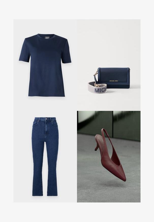 Marineblå kortærmet T-shirt med rund hals, lige kant og glat stofstruktur, vist på en ensfarvet baggrund.; Mørkeblå højtaljede jeans i denimstof med lige ben, der har forlommer og metallukning.; Burgunderfarvet læder slingback kitten heel med spids tå, svævende over en grå tekstureret overflade foran en mørkegrøn væg.; Marineblå læderpung med et guld-logo, indeholder en aftagelig rem med "MICHAEL" i hvid tekst på en tekstureret baggrund. Kompakt design.