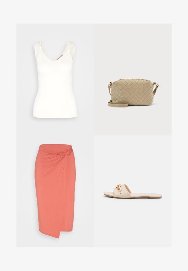 Anna Field by Zalando Μπλούζα - off-white; Anna Field by Zalando Pencil φούστα - red; Μπεζ σαγιονάρες με ανοιχτή μύτη, επίπεδη σόλα και διακοσμητικές μεταλλικές αλυσίδες στη λουρίδα. Λείο υλικό με ελάχιστη υφή.; Μπεζ ορθογώνια μικρή τσάντα χιαστί με υφή πλεγμένου δέρματος και ρυθμιζόμενο λουρί σε ανοιχτό φόντο.