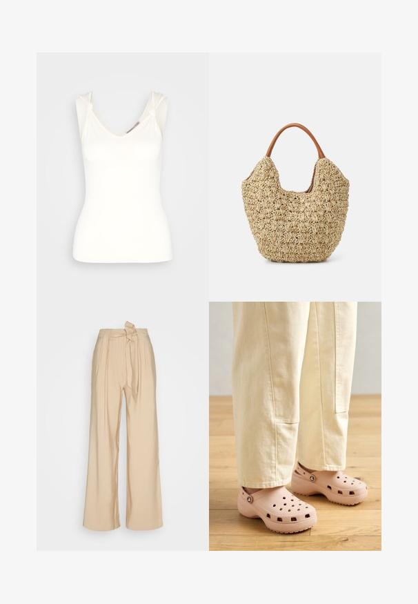 Anna Field Top - off-white; Beige Weitbein-Hosen aus einem glatten Stoff, mit einem gebundenen Taillentdetail und vorderen Falten für eine strukturierte Form.; Helle rosa Clogs aus Gummi, mit Belüftungslöchern, einer konturierten Form und einer strukturierten Sohle für Halt. Getragen mit hellbeigen Hosen.; Geflochtene Strohtasche mit natürlicher Textur und weicher, organischer Form, ausgestattet mit braunen Ledergriffen für einfaches Tragen.
