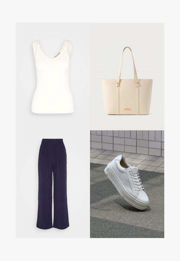 Anna Field by Zalando Μπλούζα - off-white; Anna Field by Zalando Παντελόνι - dark blue; Λευκό δερμάτινο sneaker με χαμηλό σχέδιο, επίπεδα κορδόνια, στρογγυλή μύτη και υφασμάτινες πλευρές. Παχύ καουτσούκ σόλα με διακριτικά σημεία.; Τσάντα tote σε κρεμ χρώμα με υφή, μακριές λαβές και χρυσές λεπτομέρειες σε ουδέτερο φόντο.