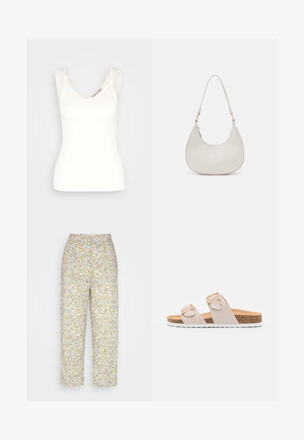 Anna Field Top - off-white; Lollys Laundry MAISIE PANTS - Bukser - yellow; Beige slidesandaler med to justerbare stropper og guldfarvede spænder. Korksål med en struktureret hvid gummisål.; Cremefarvet læder skuldertaske med en halvmåneform, tynd rem og diskrete syninger. Minimalistisk design med hardware-accenter i guldton.