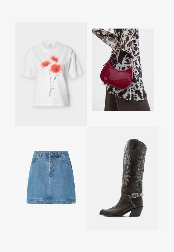 Wit T-shirt met korte mouwen met drie rode klaprozen en kleine zwarte stippen op de voorkant, voorzien van een ronde hals.; Leren spijkerrok in lichtblauw, met een rechte snit, een voorste knoopsluiting met metallic accenten, twee zijzakken en gestikte zoom.; Zwarte leren cowboylaars met decoratieve uitsnijdingen, zilveren gesp en schuine hak, weergegeven op een witte achtergrond.; Vrouw met een zwart-wit gebloemde blouse houdt een glanzende rode schoudertas vast tegen een effen achtergrond.