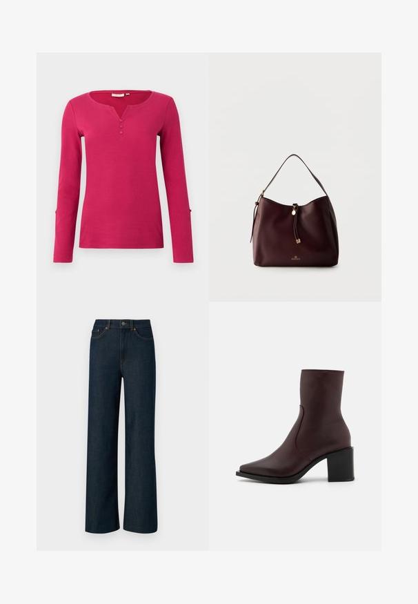Langsleeve roze top met een geribbelde textuur, voorzien van een Henley-halslijn en een knoopsluiting met drie knopen. Inclusief splitaccenten bij de mouwuiteinden.; Kruidige, donkerblauwe denim jeans met brede pijpen, contrasterende oranje stiksels, vijf zakken en een knoopsluiting. Gladtextuur stof.; Zign by Zalando LEATHER - Lage laarzen - bordeaux; Donkerbruine leren schoudertas met gevlochten kwastje, gouden accenten en het Anna Field-logo aan de voorkant tegen een effen lichte achtergrond.