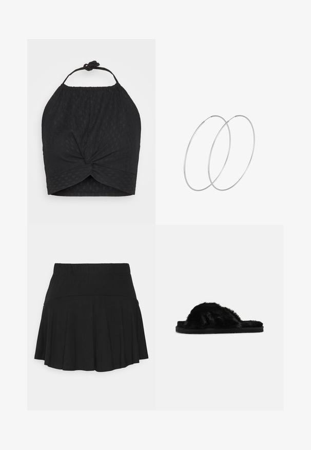 Even&Odd by Zalando WRINKLE HALTER - Top - black; Schwarzer, ausgestellter Minirock aus weichem, dehnbarem Material mit einem elastischen Taillenbund für Komfort und einem glatten Saum. Keine zusätzlichen Muster oder Akzente.; Schwarze, pelzige Slipper-Sandalen mit einer weichen Textur, offener Zehenpartie und flacher schwarzer Sohle. Keine sichtbaren Beschläge oder Muster.; Silberne Creolen mit minimalistischem Design. Rundform, glatte Oberfläche und dünnes Profil. Leichtgewichtig mit hochglänzender Oberfläche.