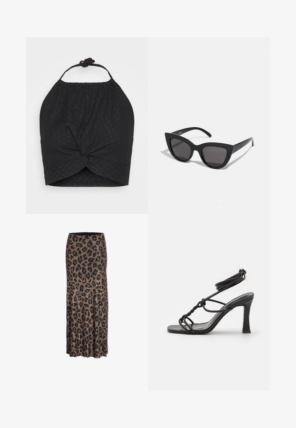 Even&Odd by Zalando WRINKLE HALTER - Top - black; Leopardprint nederdel i brune og sorte nuancer, med et flydende design og en subtil flæsekant, fremstillet af et let og blødt stof.; DeeZee Højhælede sandaletter / Højhælede sandaler - black; Sorte cat-eye solbriller med mat finish, der har grå tonede linser, skarpe vinkler og slanke sidearme. Mærkenavnet er synligt på den indre arm.