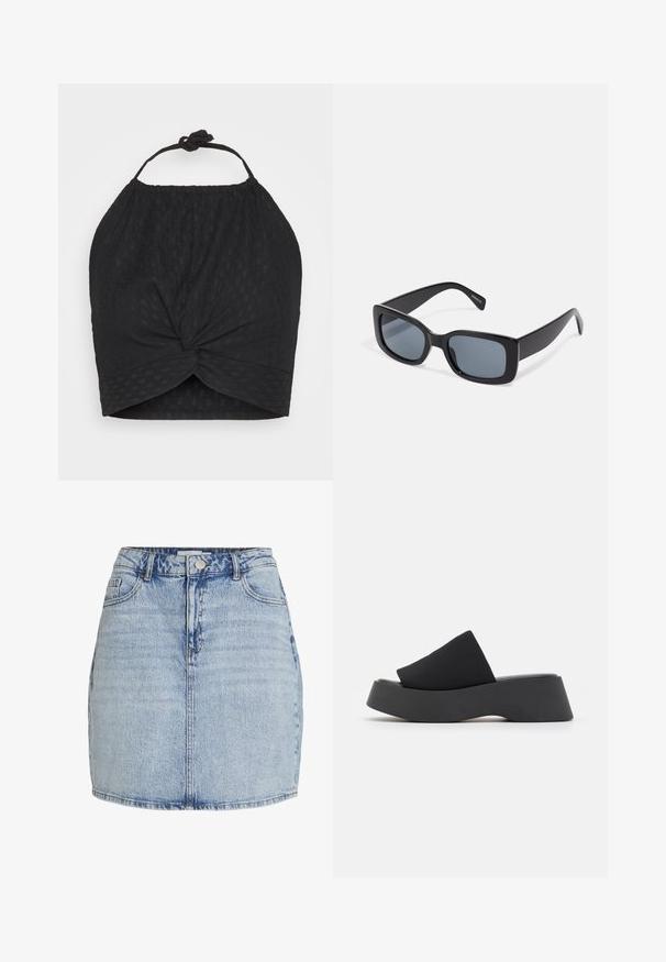 Even&Odd by Zalando WRINKLE HALTER - Top - black; Hellblaue Jeans-Minirock mit vorderem Knopf- und Reißverschluss, Gürtelschlaufen und vorderen Taschen.; Call it Spring VENISE B.E.D FOAM - Pantolette hoch - black; Schwarze rechteckige Sonnenbrille mit dunkel getönten Gläsern, dickem Kunstrahmen und breiten Bügeln. Glatte Oberfläche und kantiges Design.