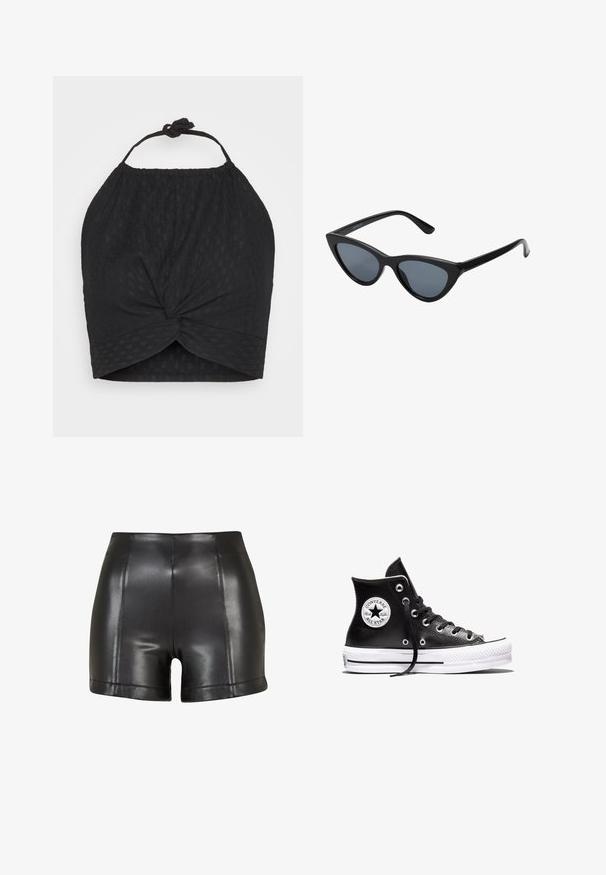 Even&Odd by Zalando WRINKLE HALTER - Top - black; Pantalones cortos de imitación de cuero negros con una cintura alta, textura suave y costuras visibles a lo largo del frente y el dobladillo.; Zapatilla Converse Chuck Taylor All Star negra de caña alta con suela de goma blanca y parche con el logo en el tobillo, mostrada sobre un fondo blanco.; Gafas de sol negras en forma de ojo de gato con lentes gris oscuro, marco de plástico elegante, esquinas puntiagudas y patillas rectas. Sin herrajes ni acentos visibles.