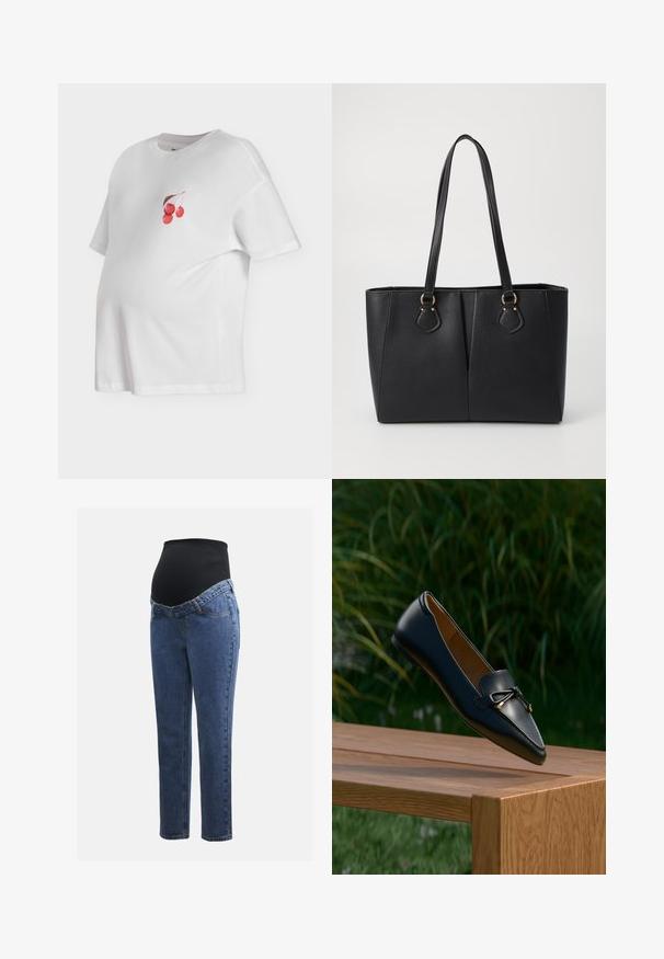 Camiseta premamá blanca de manga corta con cuello redondo y pequeño gráfico de tres cerezas rojas con tallo marrón en el pecho.; Jeans de maternidad con piernas de denim azul y un panel abdominal elástico negro diseñado para soportar y cubrir una barriga en crecimiento.; Mocasín de cuero negro con un detalle de lazo flotando sobre un banco de madera, con hierba verde y plantas en el fondo.; Bolso tote de cuero sintético negro con un acabado texturizado, dos asas largas y detalles en tono dorado en el lateral. Forma rectangular.