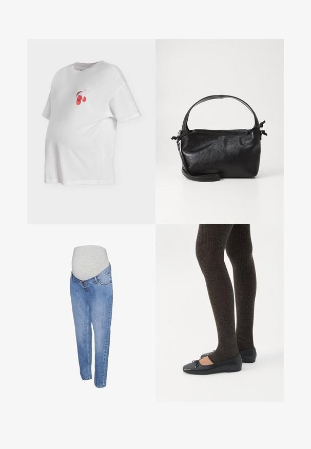 Hvid kortærmet graviditetst-shirt med rund halsudskæring og lille grafik af tre røde kirsebær med brun stilk på brystet.; Graviditetsjeans i let blå denim, lige ben og grå elastisk mavebælte for komfort.; Ben iført mørke ribbede leggings kombineret med sorte balletsko med små sløjfedetaljer på hvid baggrund.; Sort læderhåndtaske med et struktureret design, rund tophåndtag og aftagelig skulderrem. Den har en glat tekstur og en subtil glans.