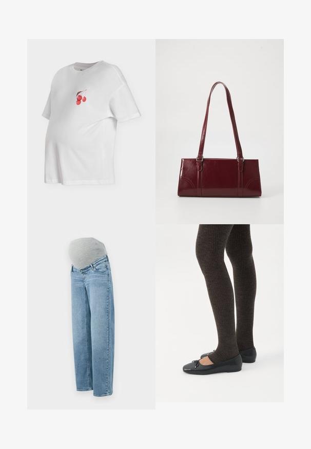 Hvid kortærmet graviditetst-shirt med rund halsudskæring og lille grafik af tre røde kirsebær med brun stilk på brystet.; Graviditetsjeans med en lys blå vask, afslappet pasform og grå elastisk mavebånd for komfort og fleksibilitet under graviditeten.; Ben iført mørke ribbede leggings kombineret med sorte balletsko med små sløjfedetaljer på hvid baggrund.; Bordeaux håndtaske lavet af glansfuldt materiale, rektangulær form, med to skulderremme og subtile buede detaljer på forsiden.