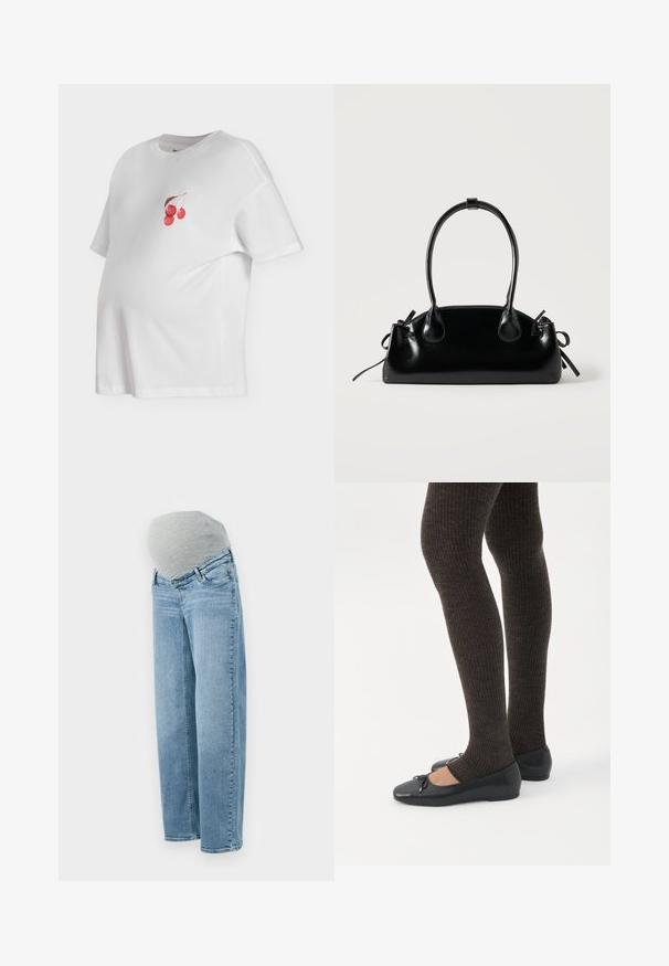 Hvid kortærmet graviditetst-shirt med rund halsudskæring og lille grafik af tre røde kirsebær med brun stilk på brystet.; Graviditetsjeans med en lys blå vask, afslappet pasform og grå elastisk mavebånd for komfort og fleksibilitet under graviditeten.; Ben iført mørke ribbede leggings kombineret med sorte balletsko med små sløjfedetaljer på hvid baggrund.; Lille sort blank håndtaske med to lange håndtag og snøre-detaljer i siden på en ensfarvet lys baggrund.
