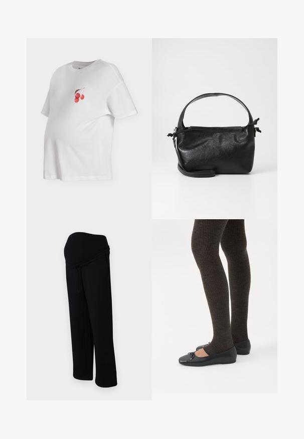 T-shirt de maternité blanc à manches courtes avec col rond et petit motif de trois cerises rouges avec une tige marron sur la poitrine.; Pantalon de survêtement de maternité noir avec un cordon de serrage ajustable et un panneau de ventre extensible et de maintien.; Jambes portant des leggings côtelés foncés associés à des ballerines noires avec de petits détails en nœud sur fond blanc.; Sac à main en cuir noir au design structuré, avec une poignée arrondie et une bandoulière amovible. Présente une texture lisse et un éclat subtil.