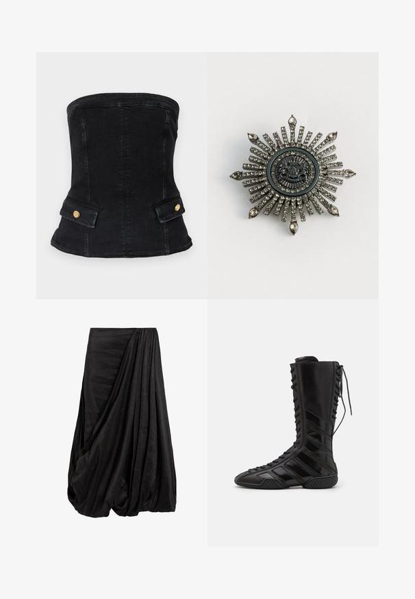 Zwarte denim strapless corsage met een aansluitend ontwerp, voorzien van gouden hardware-accenten en twee voorzakken. Soepele textuur, gestructureerde vorm.; Zwarte gedrapeerde rok van een gladde stof, met ingewikkelde vouwen en een vloeiende silhouet met een geraffineerde taille-detail.; Zwarte hoge laarzen van glanzend synthetisch materiaal, met een ingewikkeld vetersluiting ontwerp en diagonale streepaccenten aan de zijkanten.; Stervormige broche van zilverkleurig metaal met transparante rhinestones. Het centrale ontwerp heeft een ronde embleem met complexe details.