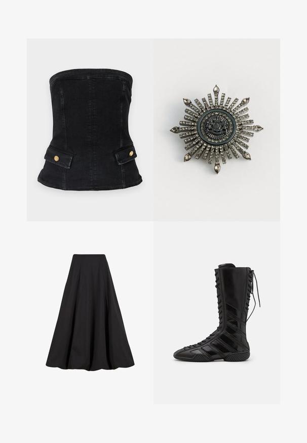 Corset sans bretelles en denim noir au design ajusté, avec des accents en métal doré et deux poches avant. Texture lisse, forme structurée.; Jupe longue noire en tissu lisse, présentant des plis et une taille haute. Le design offre une silhouette fluide et un volume ample.; Bottes montantes noires en matériau synthétique brillant, présentant un design de laçage sophistiqué et des accents de rayures diagonales sur les côtés.; Broche en forme d'étoile en métal argenté avec des strass clairs. Le design central présente un emblème circulaire avec des détails délicats.