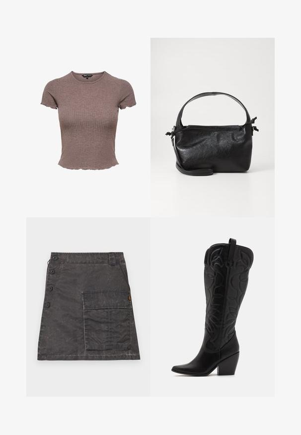 Krátky, rebrovaný pletený crop top v tlmenej hnedej farbe s okrúhlym výstrihom a vlnenými okrajmi na rukávoch a spodku.; Sivá sukňa vyrobená z textúrovanej tkaniny so zapínaním na prednej strane a bočnou kapsou. Vyznačuje sa jemne opotrebovaným vzhľadom a prešitými detailmi.; Čierne kožené čižmy po kolená so špicatou špičkou a vrstveným podpätkom. Majú dekoratívne prešívanie a zakrivené dizajnové prvky.; Čierna kožená kabelka so štruktúrovaným dizajnom, okrúhlym horným uchom a odnímateľným ramenným popruhom. Má hladkú textúru a jemný lesk.
