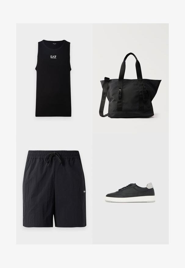 Zwarte mouwloze tanktop met een ronde halslijn. Bevat een wit EA7 Emporio Armani-logo op de borst. Gemaakt van gladde stof.; Zwarte zwembaden met een textuurstof, voorzien van een elastische tailleband met trekkoord en een klein logo aan de zijkant.; Zwarte lage sneaker met witte zool en grijze hieltab, zijaanzicht op een effen witte achtergrond.; Zwarte nylon draagtas met twee bovenhandvatten, verstelbare schouderriem en een klein bevestigd label, met verticaal MOSCHINO-tekst aan de voorkant.