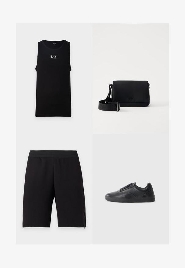 Top sin mangas negro con escote redondo. Presenta un logo en blanco de EA7 Emporio Armani en el pecho. Está hecho de una tela suave.; Shorts de deporte negros hechos de una tela suave, con una cintura elástica ceñida y cremalleras en los laterales para mayor funcionalidad.; Zapatilla negra de cuero con un acabado suave, punta redondeada, panel lateral texturizado y cordones negros. Presenta una suela de goma plana y un diseño minimalista.; Bandolera negra hecha de material suave, con cierre de solapa y logo en relieve. Incluye una correa ajustable a juego.
