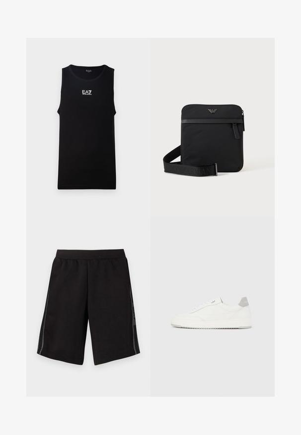 Débardeur noir sans manches avec un col rond. Arbore un logo blanc EA7 Emporio Armani sur la poitrine. Fabriqué à partir d'un tissu lisse.; Shorts de sport noirs avec une taille élastique, présentant des panneaux en maille sur les côtés et un logo sur la jambe gauche. Texture de tissu lisse.; Baskets basses blanches avec un onglet de talon gris, des lacets blancs et une semelle texturée, présentées sur un fond uni clair.; Sac bandoulière carré noir avec fermeture éclair, poche avant et sangle réglable avec nom de marque embossé.