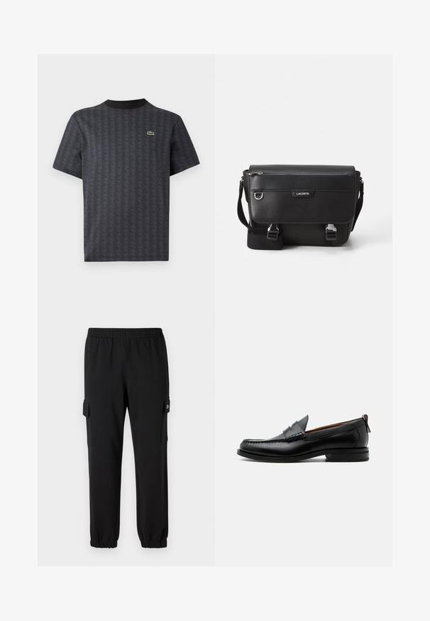 Schwarzes Kurzarm-T-Shirt mit geometrischem Muster und grünem Krokodil-Logo, mit einem einfarbigen schwarzen Rundhalsausschnitt.; Schwarze Sweatpants mit einem elastischen Bund, schmal zulaufenden Bündchen und seitlichen Cargo-Taschen. Hergestellt aus weichem Material mit einer glatten Textur.; Schwarzer Leder-Herrenschuh mit Mokassinnaht, Penny-Riemen, strukturiertem Kragen und niedrigem gestapeltem Absatz auf weißem Hintergrund.; Schwarze, strukturierte Lacoste-Umhängetasche mit verstellbarem Tragegurt, Frontklappe, Reißverschlusstasche und Metallschnallen.