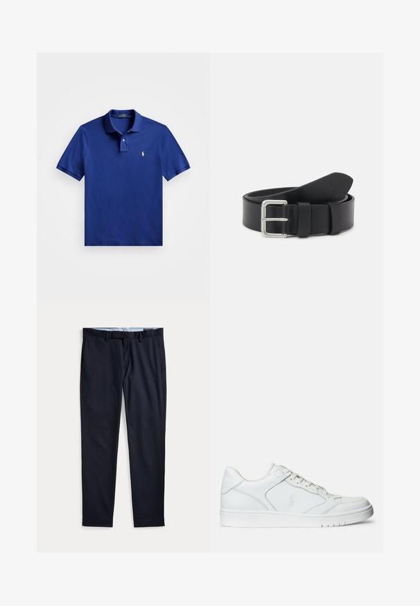 Polo azul de manga corta con cuello y dos botones, con un pequeño logo amarillo bordado en el pecho izquierdo.; Pantalones de vestir azul marino para hombre con trabillas para cinturón, bragueta con cremallera y bolsillos laterales, extendidos planos sobre un fondo blanco.; Zapatilla de cuero blanca con textura suave, que presenta una puntera perforada, cierre de cordones y logo bordado en el lateral. Suela de goma blanca.; Cinturón de cuero negro con hebilla de metal plateado. Presenta una textura suave y un extremo para ajuste de tamaño. Diseño clásico sin adornos.