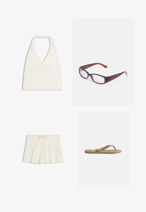 Haut court blanc à col licou avec un décolleté en V profond et des bretelles larges, présenté à plat sur un fond blanc.; Mini-jupe plissée blanche avec une taille à cordon et un tissu doux et structuré, posée à plat sur un fond blanc.; Tongs beige avec semelle texturée et brides métalliques bronze en forme de Y sur fond blanc uni.; Lunettes rectangulaires teintées de brun avec une finition brillante, dotées de branches fines et de verres transparents. Logo visible sur la branche gauche.