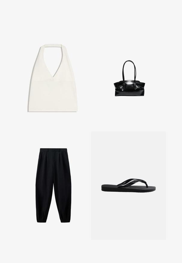Biely crop top s halterneck výstrihom do tvaru V a širokými ramienkami, zobrazený na bielom pozadí.; Čierne nohavice s vysokým pásom, zúžené, s plisami v páse a na manžetách, a bočnými vreckami, zobrazené na bielom pozadí.; Čierne gumové žabky s textúrovanou stielkou a hladkým Y-tvarovaným remienkom na jednoduchom svetlom pozadí.; Čierna kožená kabelka s dvoma dlhými rúčkami a detailmi na pracku, s textúrovaným mriežkovaným vzorom na povrchu.