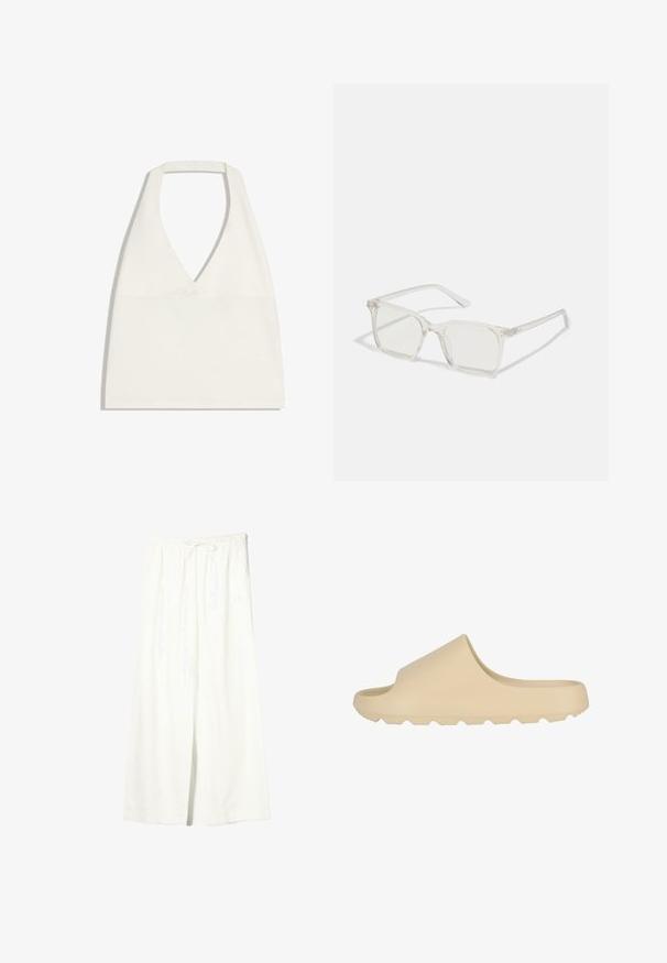 Hvid kort top med halterneck, dyb V-udskæring og brede stropper, vist fladt på hvid baggrund.; Hvide vidde linnedbukser med elastisk talje og snøre, der har sidelommer og et frontslids.; Lys beige slide sandal med en glat, mat finish. Har design med åben tå og en tekstureret, rillede sål for godt greb.; Klare plastiske briller med firkantet ramme og gennemsigtige linser, der har guld accenter på tempelstængerne for ekstra detaljer.