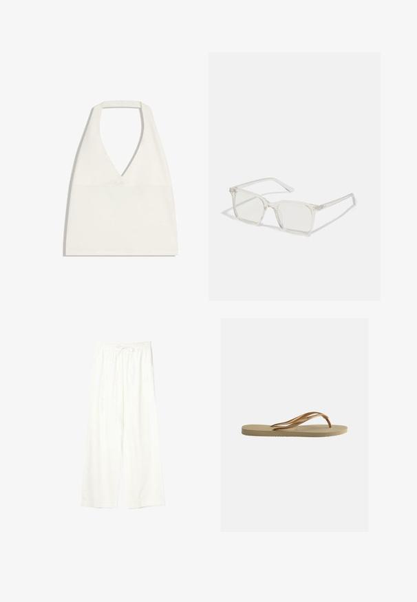Haut court blanc à col licou avec un décolleté en V profond et des bretelles larges, présenté à plat sur un fond blanc.; Pantalon blanc à jambes larges avec taille élastique et cordon de serrage, en tissu léger.; Tongs beige avec semelle texturée et brides métalliques bronze en forme de Y sur fond blanc uni.; Lunettes carrées en plastique transparent avec des verres translucides, dotées d'accents dorés sur les branches pour plus de détails.