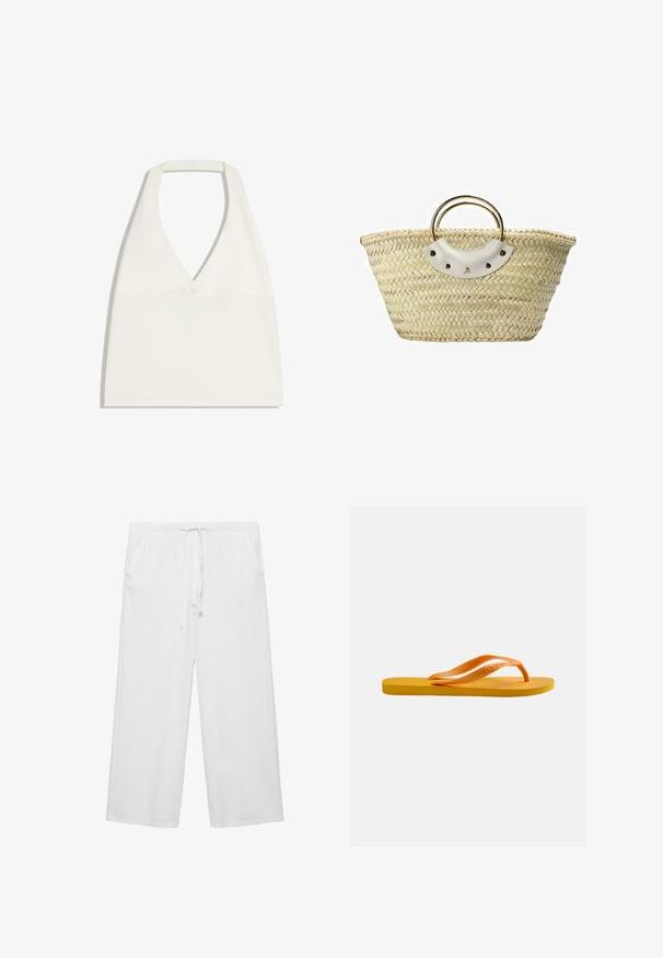 Witte haltercrop top met diepe V-halslijn en brede bandjes, plat uitgespreid op een witte achtergrond.; Witte wijde broek met elastische taille en trekkoord, voorzien van zijzakken en een ontspannen pasvorm.; Gele teenslipper met een gestructureerde zool en oranje rubberen bandjes tegen een effen lichtgrijze achtergrond.; Geweven stro tote bag met ronde gouden metalen handvatten en witte leren patch, bevestigd met vier klinknagels aan de voorkant in het midden.