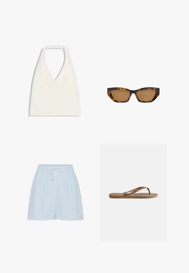 Witte haltercrop top met diepe V-halslijn en brede bandjes, plat uitgespreid op een witte achtergrond.; Lichtblauwe katoenen shorts met een relaxte pasvorm, elastische tailleband en verstelbaar trekkoord. Beschikt over een zachte, gestructureerde stof en zijnaad.; Bruine rubberen teenslipper met gestructureerde zool en merkgebonden V-vormige bandjes op een effen lichte achtergrond.; Rechthoekige schildpadzonnebril met licht cat-eye gevormde bruin getinte glazen en een glanzende afwerking.