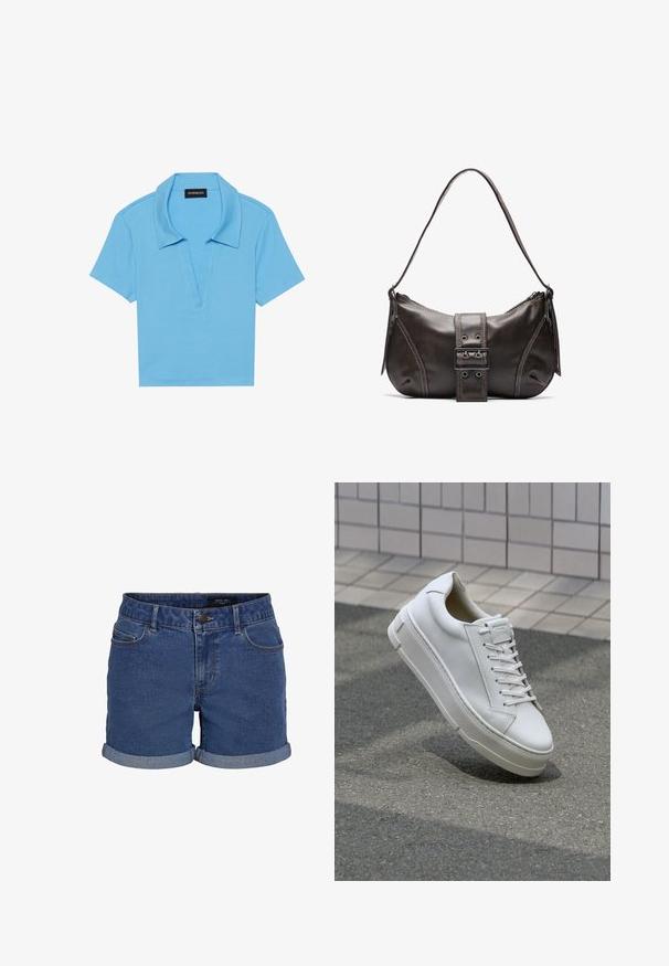 Lichtblauwe polo met een klassieke kraag, korte mouwen en een diepe V-hals. Heeft een geribbelde textuur en een rechte zoom.; Denim shorts in donkerblauw met een klassieke snit. Beschikt over opgerolde zomen, twee voorzakken en een knoopsluiting. Glad textuur.; Witte leren sneaker met een low-top ontwerp, platte veters, ronde neus en textuur zijden. Dikke rubberen zool met subtiele accenten.; Bruine leren schoudertas met een gebogen vorm, voorzien van een opvallende gespdetail, contrasterende stiksels en een enkele schouderband.