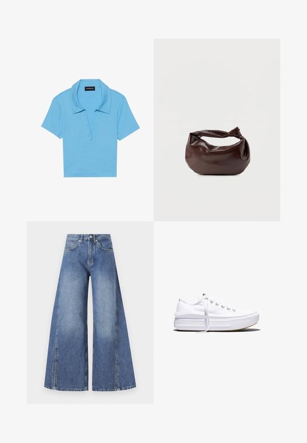 Helehelesin sinine polo särk klassikalise kraega, lühikeste varrukatega ja sügava V-dekolteega. Omab soonilise tekstuuri ja sirget värvi.; Heledad denim püksid helesinisest toonist. Valmistatud tekstureeritud puuvillast, millel on kõrge vöökoht, eesmine taskud ja eristuvad külgõmblused.; Valge madala lõikega lõuendijalanõu, millel on paks platvormpõhi, ees nöörimine ja kummist tekstuuriga varbakate, kujutatud külgvaates.; Tumepruunast nahast õlakott, pehme ja lõdva vormiga, keeratud sõlme tüüpi sangaga, valgel ühevärvilisel taustal.