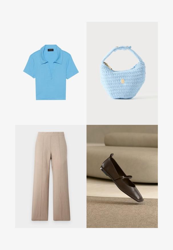 Polo shirt bleu clair avec un col classique, des manches courtes et un décolleté en V plongeant. Présente une texture côtelée et un ourlet droit.; Pantalons larges beige en tissu léger, avec des plis à l'avant, une ceinture lisse et une coupe droite aux ourlets nets.; Chaussure plate Mary Jane en cuir brun foncé avec une petite boucle, positionnée debout sur un tapis beige devant un canapé de couleur claire.; Petit sac à main bleu clair crocheté avec une petite bandoulière et une fermeture éclair dorée, présenté sur un fond clair uni.