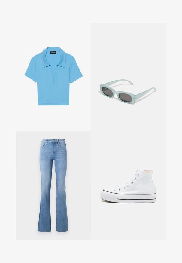 Lys blå polo shirt med klassisk krave, korte ærmer og dyb v-hals. Har en ribbet tekstur og lige kant.; Lysblå flagrende jeans med mellemhøj talje, klassisk fem-lomme design og subtil fading langs benene. Denim stoftekstur.; Hvide høj-top sneakers lavet af kanvasmateriale, sort gummisål og kontrasterende sort stribe på mellemsålen. Rund tåhætte og snørebåndsdesign.; Et par rektangulære solbriller med lyseblå gennemsigtige stel og mørkegrå linser, der har lige templer og minimale hardware detaljer.