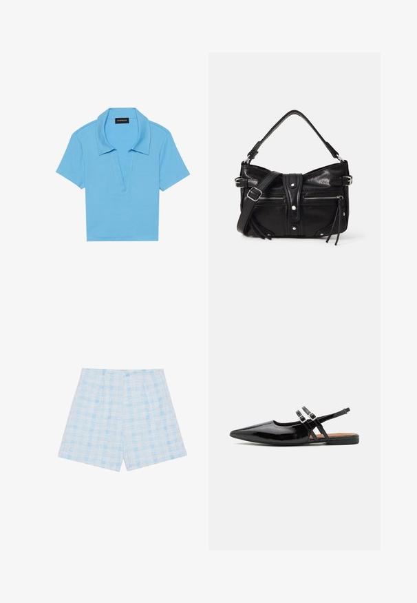 Polo shirt bleu clair avec un col classique, des manches courtes et un décolleté en V plongeant. Présente une texture côtelée et un ourlet droit.; Shorts à carreaux bleu clair en tissu texturé, ayant une coupe ample et des plis pour un détail supplémentaire.; Des chaussures slingbacks en cuir verni noir présentent un bout pointu, deux sangles avec des accents de boucle, et une semelle plate.; Even&Odd H24462 - Sac à main - black