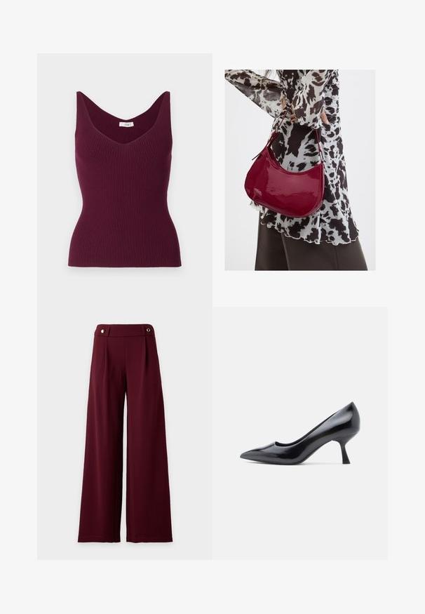Débardeur côtelé bordeaux avec un col en V et de larges bretelles, présentant une silhouette ajustée et une texture subtile. Étiquette indiquant "JDY."; Pantalon à jambes larges et taille haute en tissu bordeaux foncé avec une ceinture ajustée ornée de deux boutons dorés.; Escarpin en cuir verni noir avec bout pointu et talon aiguille de hauteur moyenne. Texture lisse et design minimaliste sans ornements visibles.; Femme portant un chemisier à motif noir et blanc tenant un sac à main rouge brillant sur un fond uni.