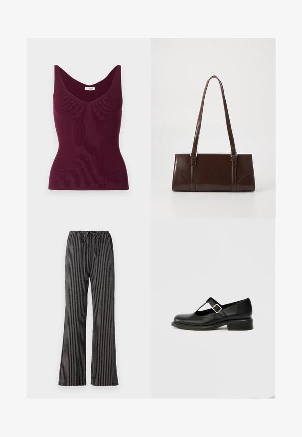 Débardeur côtelé bordeaux avec un col en V et de larges bretelles, présentant une silhouette ajustée et une texture subtile. Étiquette indiquant "JDY."; Pantalons de pyjama rayés noir et blanc, avec une taille à cordon, des jambes larges et un tissu doux et texturé avec des lignes verticales.; Chaussure Mary Jane en cuir noir avec un bout rond, un design à bride en T, une boucle réglable et un petit talon empilé. Texture lisse avec peu de détails.; Sac à main en cuir verni marron de forme rectangulaire, avec deux longues poignées et des accents courbés subtils à l'avant.