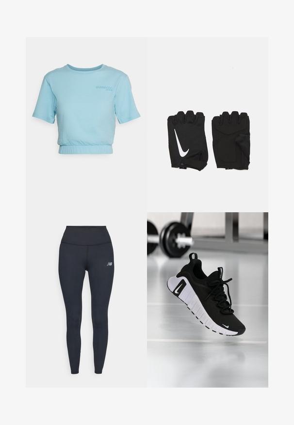 Even&Odd active T-shirt basic - light blue; Zwarte hoge taille leggings van rekbaar materiaal, met een strak ontwerp en een klein reflecterend logo op de dij.; Zwarte sportschoen met een textuurstof bovenwerk, witte zool en een opvallend vetersysteem. Voorzien van een Nike-logo en een zacht, gedempt ontwerp.; Zwarte vingerloze fitnesshandschoenen van ademend materiaal, met een wit Nike-logo, gevoerde handpalmen en een open polsontwerp voor flexibiliteit.