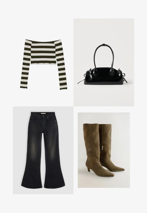 Ribbede, cropped off-the-shoulder top med skiftende mørkegrønne og hvide vandrette striber, med forlængede ærmer og bølget kant.; Sorte jeans med vide ben, forlommer, bæltestropper og falmet skygge på lårene og knæene, lagt fladt på en lys baggrund.; Støvler i olivengrøn ruskind til knæene med spids tå og en slank hæl. Har en lynlås i siden til lukning. Glat tekstur.; Lille sort blank håndtaske med to lange håndtag og snøre-detaljer i siden på en ensfarvet lys baggrund.